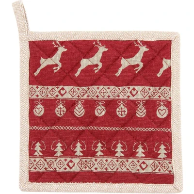Afbeelding van Clayre &amp; Eef Pannenlap 20x20 cm Rood Beige Katoen Vierkant Kerst Afgiet