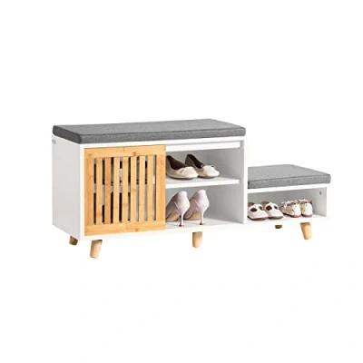 Afbeelding van SoBuy FSR125 WN Schoenenbank met 2 zitplaatsen en 1 schuifdeur, bank opbergruimte voor kinderen, afmetingen: ca. 101 x 46 35 cm