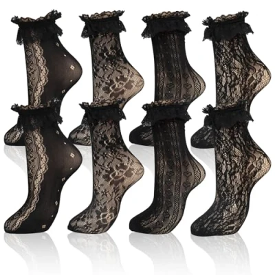 Afbeelding van 4 paar damessokken met ruches, zwarte mesh, enkelband, visnet, korte sokken, sokken ruches voor dames, meisjes, paar, zwart.
