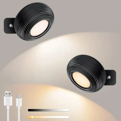 Afbeelding van Set van 2 led wandlampen voor binnen, 360 graden draaibaar, met oplaadbare batterij, 3 helderheidsniveaus, draadloze leeslamp woonkamer, slaapkamer, trap, hal
