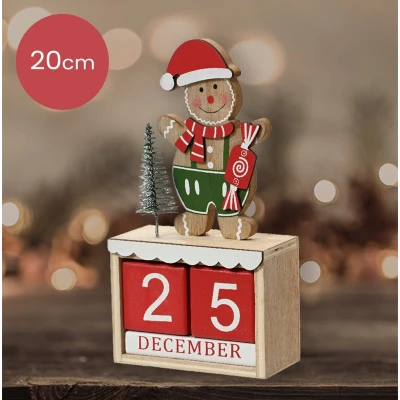 Afbeelding van Houten Kerst adventskalender met gingerbread mannetje en rode blokken 20 cm