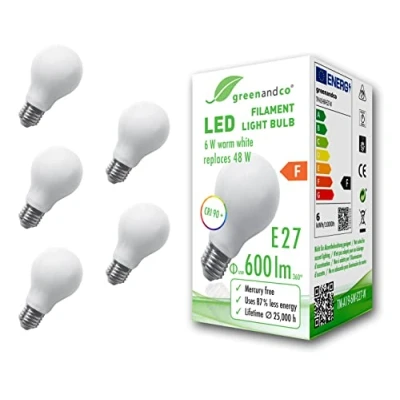 Afbeelding van Greenandco® CRI 90+ led gloeilamp, mat, E27, 6 W (komt overeen met 48 W), 600 lm, 2700 K, warm wit, 360 graden, 230 V, glas, geen flikkeren, niet dimbaar, 5 stuks