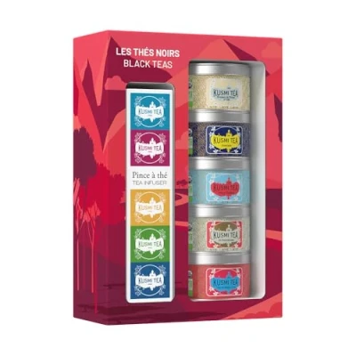 Image de Kusmi Tea Coffret &quot;Les Noirs&quot; + Pince à Thé Assortiment de Thés Bio Idée Cadeau Homme et Femme Noir Aromatisé, Earl Grey, Ceylan Fabriqué en France 5 Boîtes 25g