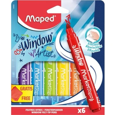 Afbeelding van Maped Marker&#039;Peps Raamstiften voor ramen, brede punt 5 mm en met water afwasbare inkt, 6 verschillende viltstiften + 1 microvezeldoek 20 x cm