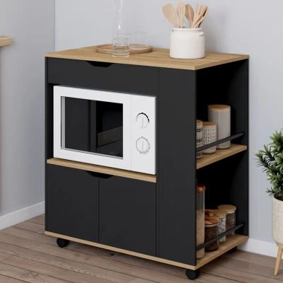 Image de Desserte micro onde de cuisine COSI placard avec tioir et étagères à épices bois noir plateaux façon hêtre L.76 cm IDMarket