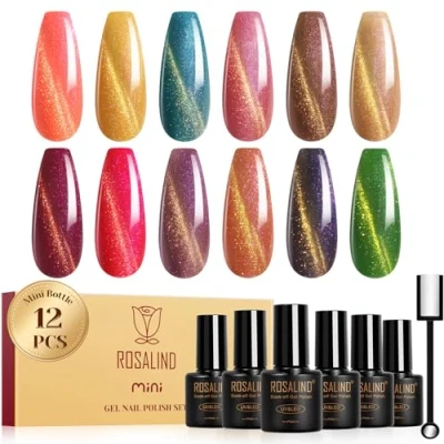 Afbeelding van ROSALIND Vernis Semi Permanent Magnétique,12 Couleurs Cat Eye Orange Jaune Bleu Marron Rouge Gel UV Cristal Arc en ciel, Soak off Mini UV/LED Fil D&#039;or Magnetic Cadeau