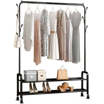 Afbeelding van Vonia Kledingrek op wieltjes Garderoberek met Schoenenrek Metaal 102 x 34 157 cm