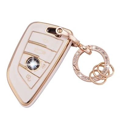 Afbeelding van Koaudb Autosleutelhoes voor BMW Soft TPU Volledige bescherming, hoes smartkey, behuizing wit met sleutelhanger, Lanyard geschikt X1 X2 X3 X5 X6 2 5 6 7 Series 3 4, Smartkey knoppen, Fobhoes