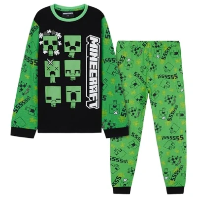 Afbeelding van Minecraft Pyjamasets voor jongens, pyjama kinderen, katoen, winter, set jongeren, 7 14 jaar, Groen/Zwart