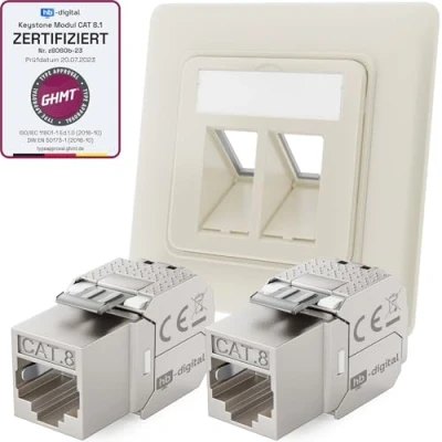 Afbeelding van hb digital CAT 8 netwerkcontactdoos inbouw 2 poorten RAL9010 zuiver wit + x Keystone RJ45 LAN Ethernet inbouwcontactdoos voor 5e 6 6a 7 2000 MHz 40 Gbit/s STP