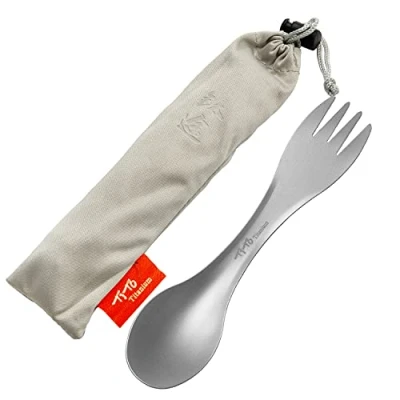 Afbeelding van TiTo Titanium Camping lepel, vork, titanium, ultralicht, herbruikbaar, met multifunctionele tas, draagbaar, voor reizen, wandelen, outdoor