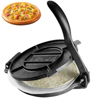 Afbeelding van VEVOR 25,4 cm tortilladora pers van robuust gietijzer voorbehandelde pataconera machine met 100 stuks perkamentpapier, deegmachine voor meeltortilla&#039;s, tawa, zilver