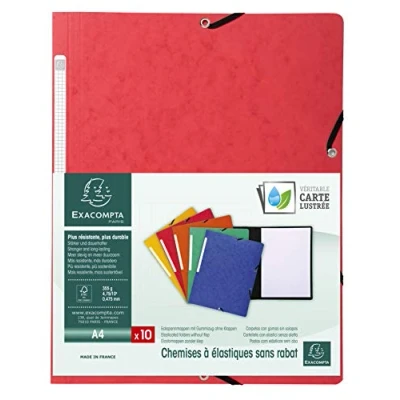 Afbeelding van Exacompta Ref. 55415E Pak van 10 elastische mappen zonder klep Glanzende kaarthoezen 355 g/m² Afmetingen 24 x 32 cm voor A4 documenten Rood