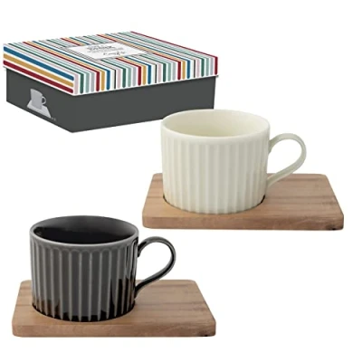 Afbeelding van Set van 2 porseleinen kopjes 250 ml met acacia schoteltjes in geschenkverpakking