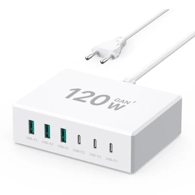 Afbeelding van GaN USB C oplader, 120 W, meervoudige oplader 【3USB + 3USB A】 PD, laadstation 6 poorten, compatibel met iPhone/Google/tablet/Mobile Power en andere apparaten (wit)