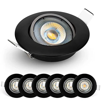 Afbeelding van Emos LED inbouwspot 230V, 5W / 450lm, 50 draaibaar, inbouwspot, warm wit 3000K, set van 6 plafondspots voor binnengebruik, extra plat, rond, zwart