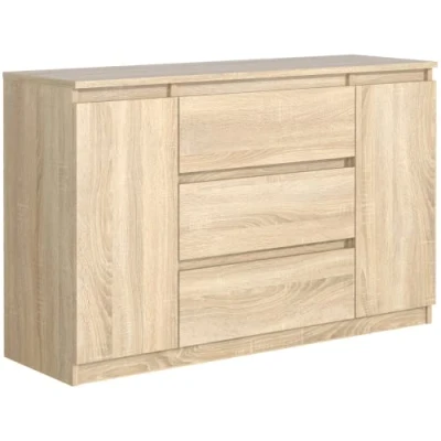 Afbeelding van commode eiken Sonoma mat met 3 laden en 2 deuren 120 cm, opbergkast, slaapkamer H: 78,2 B: 120,4 D: 39 laden, volwassenen