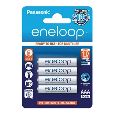 Afbeelding van Panasonic FBA_BK 4MCCE/4BE eneloop, NiMH accu gereed voor gebruik, AAA micro, verpakking van 4, 750 mAh, 2100 laadcycli, met hoog vermogen en geringe zelfontlading, oplaadbare accubatterij,4 stuks,Wit