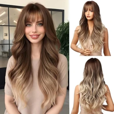 Afbeelding van Esmee Lange bruin blonde ombre damespruik, synthetische pruik, hoge dichtheid, permanente haarpruiken voor vrouwen, hittebestendig, 61 cm