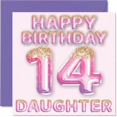 Afbeelding van Verjaardagskaart 145 mm x meisjes roze paarse glitterballonnen verjaardagskaarten 14 jaar dochter ideaal cadeau voor mama en papa