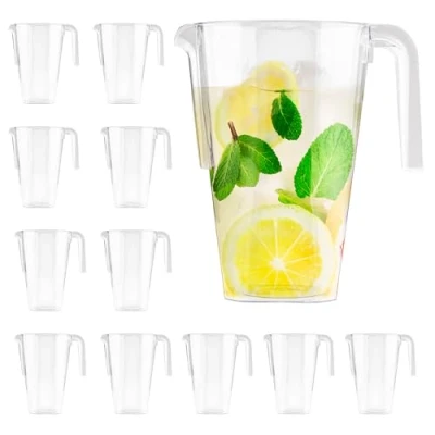 Afbeelding van MATANA 12 kannen, kruik, karaf van transparant kunststof (1,5 l) herbruikbaar en robuust feesten, verjaardagen, picknick, BBQ limonades, ijsthee, cocktails