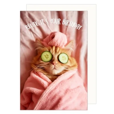 Afbeelding van Edition Seidel Hoogwaardige verjaardagskaart met envelop, wenskaart in diervorm, verjaardag, relax, it&#039;s your birthday man vrouw kat grappig welzijn