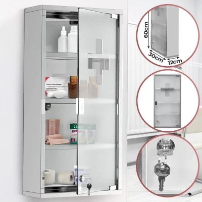 Afbeelding van Jago Afsluitbare Medicijnkast met 4 Vakken en een Glazen Deur stalen constructie Medicijnkast/EHBO kast/Apotheekkast 30x12x60 cm Zilver
