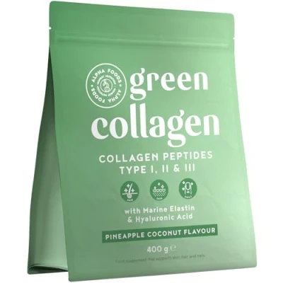 Afbeelding van Alpha Foods Collageen poeder met Hyaluronzuur &amp; Elastine Elixier Spirulina, Collagen peptides type 1, 2 en 3, supplement van 400g voor 26 shakes, Pina Colada smaak