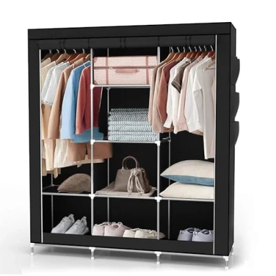 Afbeelding van Intirilife opvouwbare kledingkast 130x175x45 cm in RABEN ZWART Vouwkast met ritssluiting Linnen kledingroede, vakken en zijvak camping textiel