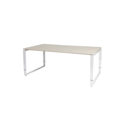Afbeelding van Domino Plus vergadertafel, hoogte instelbaar (62 85cm) met 180x100cm &#039;zwevend&#039; lindberg (licht) eiken 25mm blad en wit (RAL9010) O poot frame