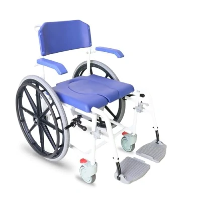 Afbeelding van KMINA Douche en toiletrolstoel Douchestoel Toiletstoel met grote wielen emmer armleuningen Blauw