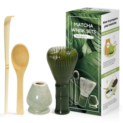 Afbeelding van 4 delige matcha set Japanse ceremonies, groene garde van naaldhout, bamboelepel, bamboeschep, gardehouder, voor theeceremonie, drank, groen