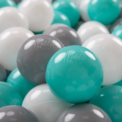 Afbeelding van KiddyMoon Gekleurde plastic ballen voor babyzwembad, 300 ballen, ∅ 7 cm, gemaakt in de EU, wit, grijs, licht turquoise