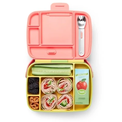 Image de Munchkin Bento Lunch Box pour Bébé et Enfant, Jolie Boîte Repas avec 5 Compartiments Couverts, à Goûter Enfant École ou Garderie Jaune
