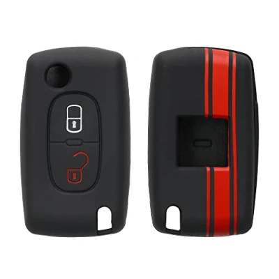 Afbeelding van kwmobile Autosleutel hoesje geschikt voor Peugeot Citroen 2 knops inklapbare behuizing in rood / zwart Rallystrepen design