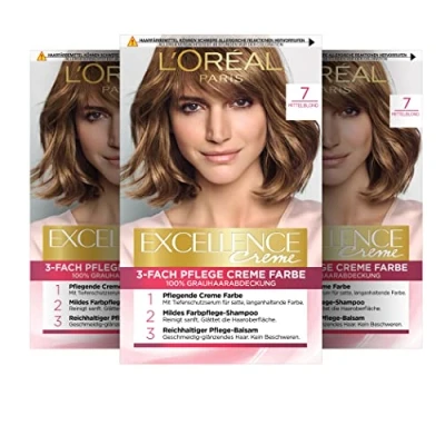 Afbeelding van L&#039;Oréal Paris 100% grijs permanente haarkleurset met kleuring, shampoo en 3 crèmekleuren Excellence 7 middelblond x 268 g