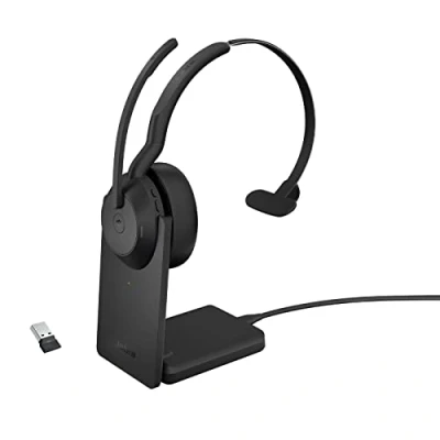 Image de Jabra Evolve2 55 MS Mono Micro casque sur oreille Bluetooth sans fil Suppresseur de bruit actif USB A via adaptateur noir avec support chargement Certifié Zoom, Cisco Webex Certified, Tencent Meeting, Al
