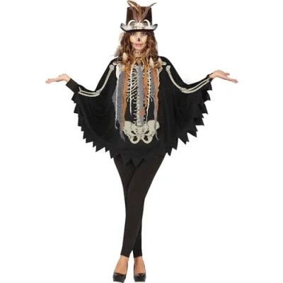 Afbeelding van FIESTAS GUIRCA Skelet poncho voor dames, zwarte met skeletprint, Halloween kostuums maat L