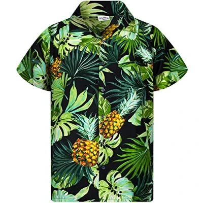 Afbeelding van King Kameha Hawaiiaans herenhemd met korte mouwen en knopen ananasbladeren, Ananas Bladeren Zwart
