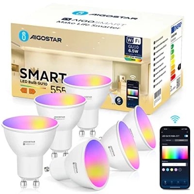 Afbeelding van Aigostar Alexa GU10 7W 555LM slimme lamp wifi led RGB/2700K 6500K, app bediening, compatibel met Alexa/Google Home, intelligente lamp, geen hub nodig, 6 stuks.