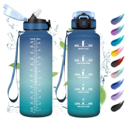 Afbeelding van Sportfles, 1,5 l, sportfles met rietje, gemakkelijk te reinigen, herbruikbaar, tijdweergave, werkfles, fietsen, wandelen, gym