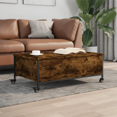 Afbeelding van Salontafel met wielen 91x55x34 cm bewerkt hout gerookt eiken