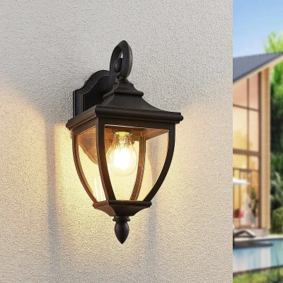 Afbeelding van Lindby buitenwandlamp Cerys, zwart, metaal, hoogte 37cm
