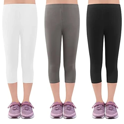 Afbeelding van L&amp;K II Kinderen meisjes leggings 3/4 capribroek katoenen broek schoolkleding leeftijd 4 18 jaar 2723, Set van 3 zwart+wit+grijs