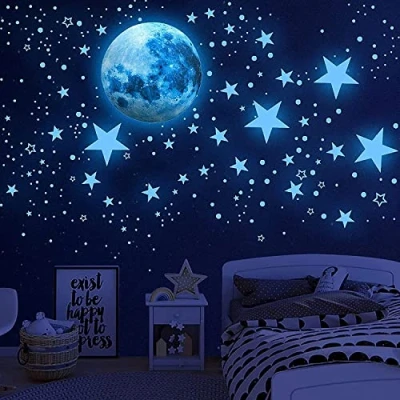 Afbeelding van Lichtgevende sterrenhemel kinderkamer Fluorescerend Glow in the Dark muurstickers sterren en maan Zelfklevend