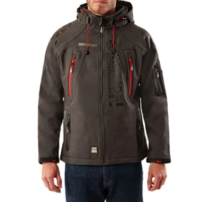 Afbeelding van Geographical Norway Winddichte herenjas met capuchon en trekkoord voor kamperen in de open lucht, wandelen, sneldrogend materiaal, BANS productie, grijs.