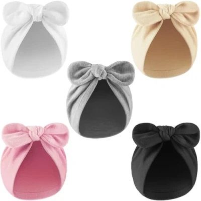 Afbeelding van DRESHOW Babymutsen voor pasgeborenen, ziekenhuismuts, mutsen baby&#039;s van 0 tot 6 maanden, één maat, 5 stuks strikhoeden set 22 8 UK, verpakking: Bow Knot Hoeden 22A 02
