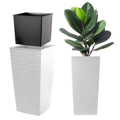 Afbeelding van KADAX Bloem/plantenpot, met kunststof binnenpot, voor binnen en buiten, tuin, balkon, terras, huis, weerbestendig, imitatie rotan, 57 cm hoog, wit