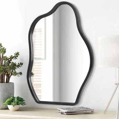 Afbeelding van Asymmetrische wandspiegel met houten frame, onregelmatige vorm, unieke moderne kunstdecoratie voor woonkamer, slaapkamer, badkamer, entree, hal, schoonheidssalon