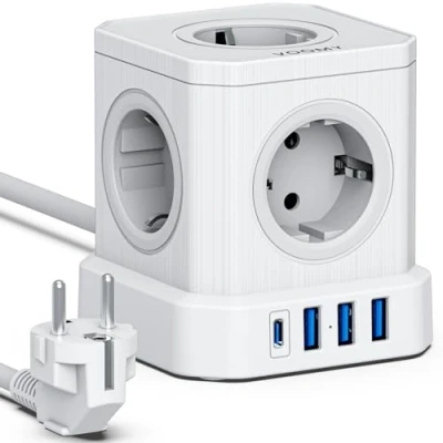 Afbeelding van Voomy Cube 20W Stekkerdoos Met USB C Schakelaar 5 Stopcontacten 4 Poorten Powercube Snellader 2M Verlengsnoer Wit